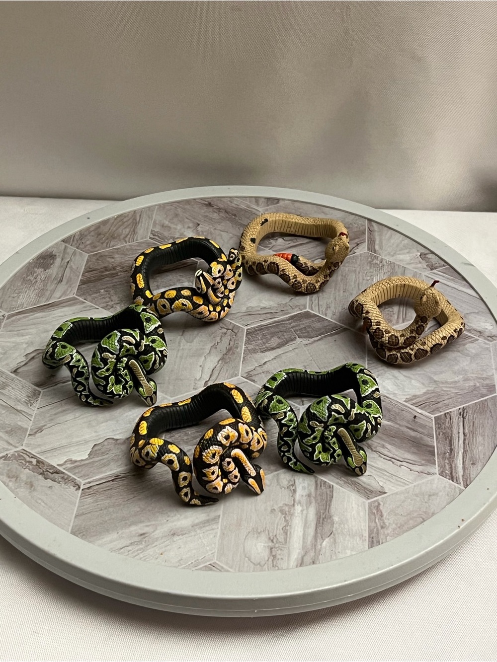 Set of 6 Hand Carved Wooden Snake Napkin Rings Painted Reptile Wildlife Decor